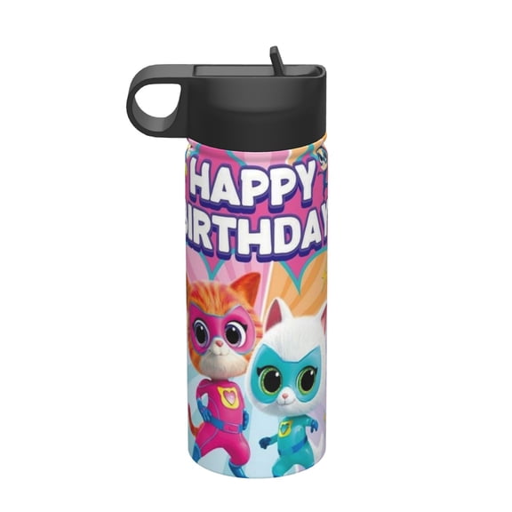 Super Kitties Kids Insulated Water Bottle With Straw - 18 Oz Stainless Steel Double Wall Vacuum Cup, Leakproof, Bpa Free, Suitable For Boys And Girls