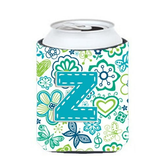 Letter Z Flowers And Butterflies Teal Blue Can & Bottle Hugger