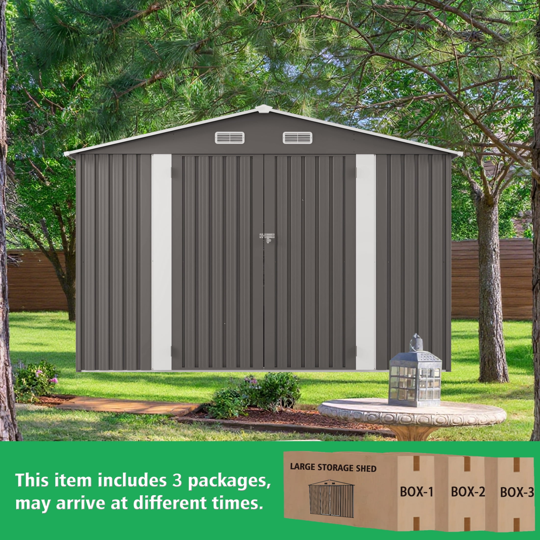 Noble House 10 ft x 12 ft Outdoor Metal Storage Shed with Double Doors, Translucent Windows, Gray