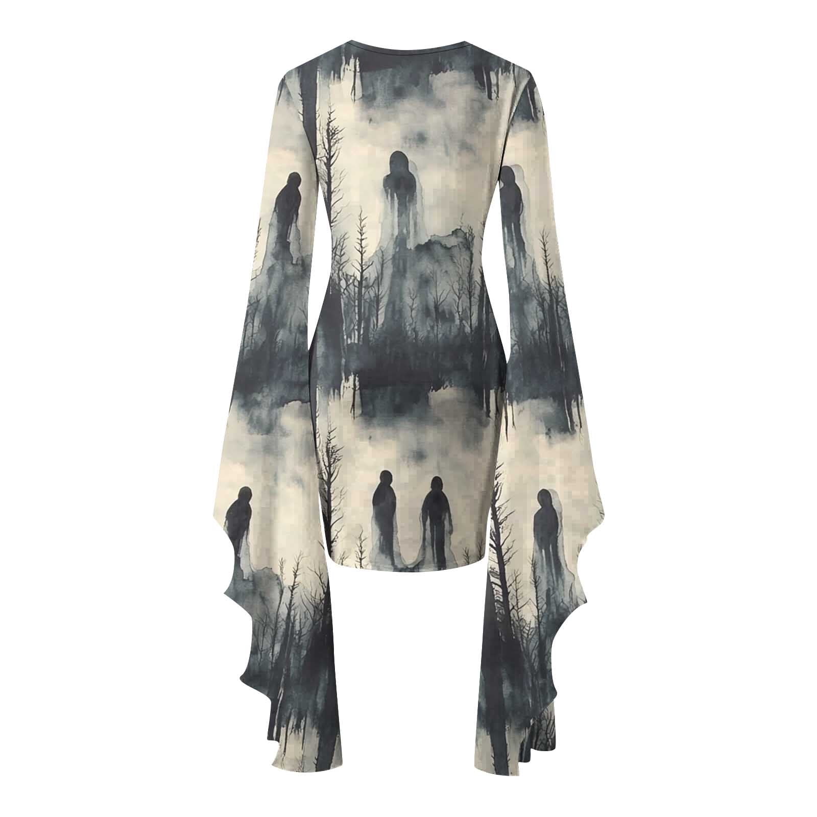 Womens Halloween Costumes Ghost Printed Bodycon Mini Dress Batwing Sleeve Crew Neck Masquerade Dresses Scream Costume