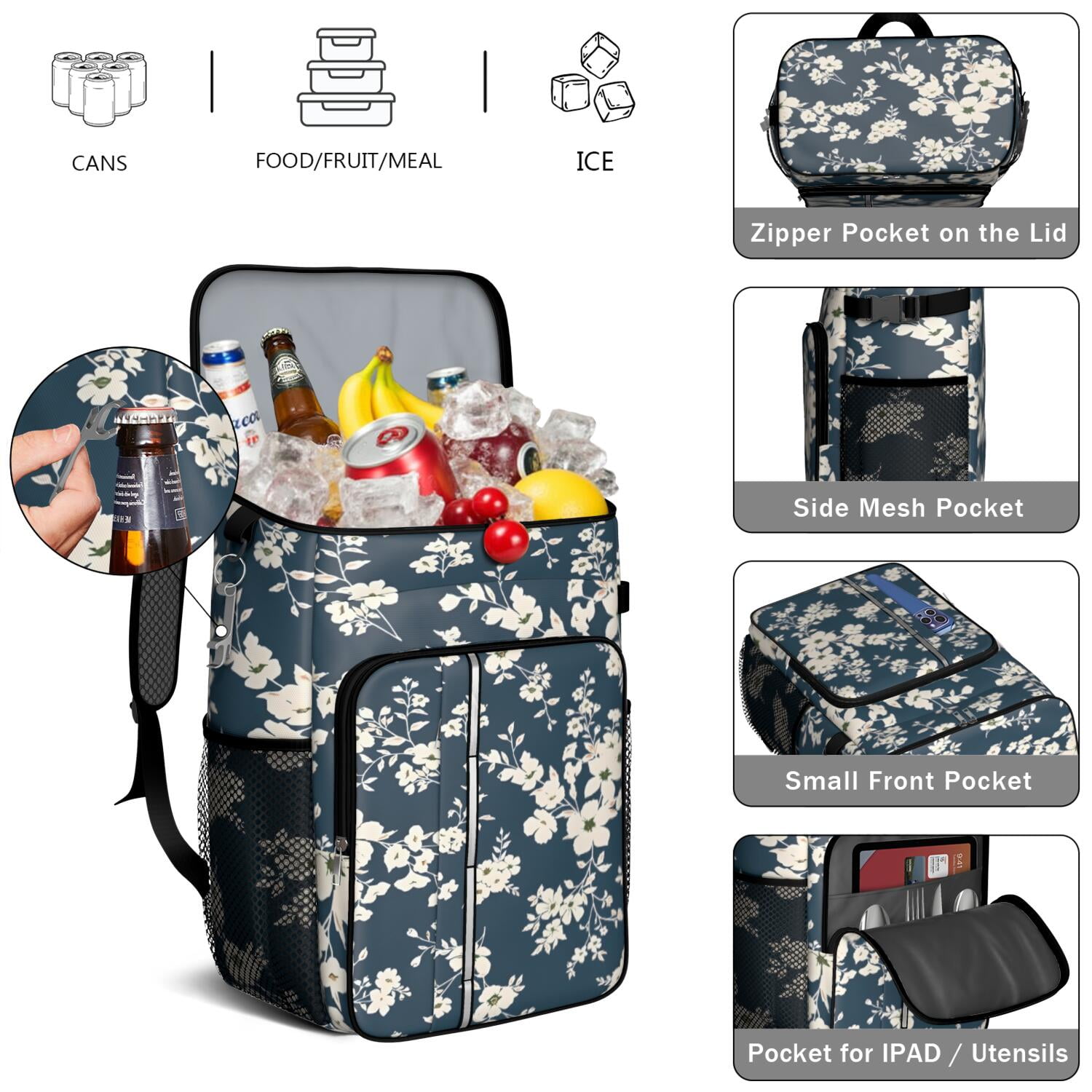 Travel Cooler Bag - Pioneer Flower Floral Print Pattern Camping Beer Cooler Backpack with Bottle Opener- Waterproof Insulated Picnic Backpacks - Cooler Bag for Beach