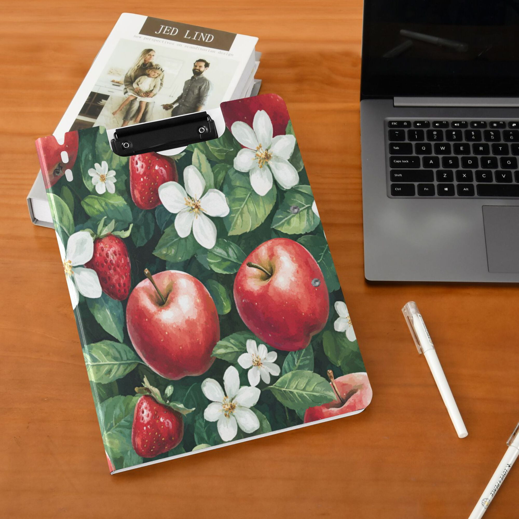 FORMRS A4 Clipboard Folder with Pen Holder Horizontal Foldable School Office Binder, Red Apple Pattern
