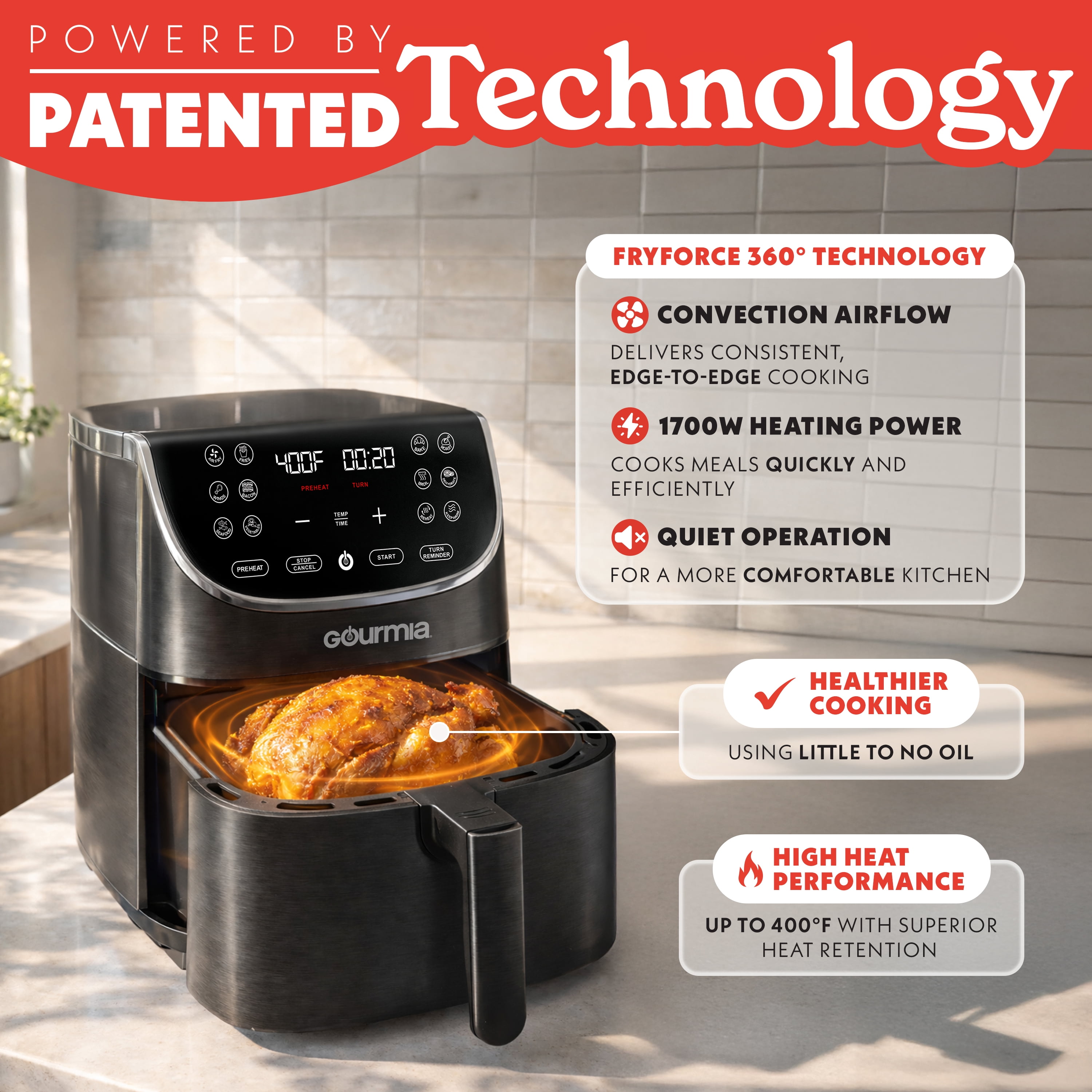Gourmia 7 Qt Air Fryer, 12 Presets, Digital Display, FryForce 360