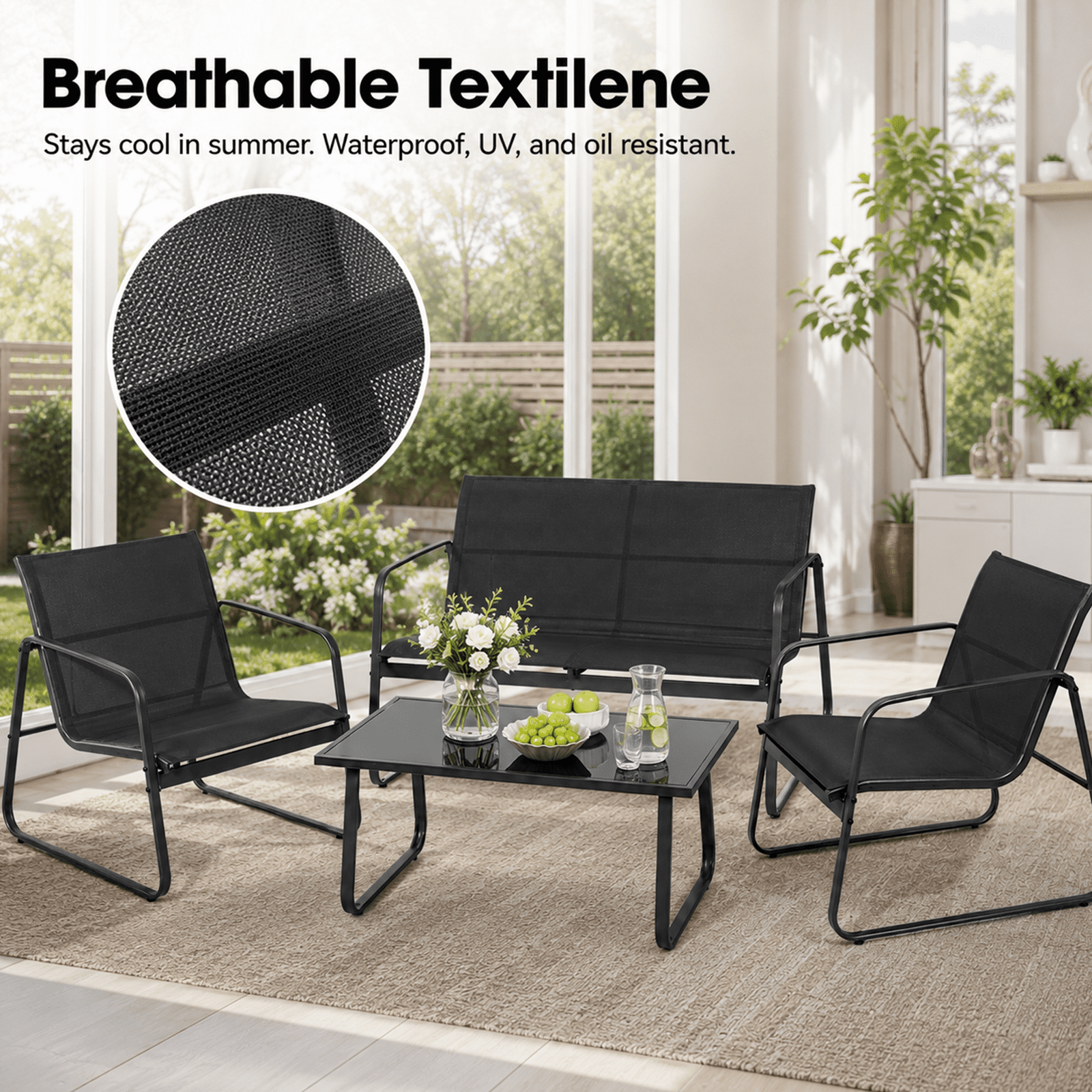 Alvantor 4-Piece Patio Conversation Set with Glass Table, Loveseat, and Chairs