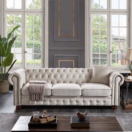 Solid Wood & Linen Chesterfield Sofa | 6.5" Thick Cushion