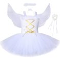 thumbnail image 3 of Vestido de tutú de ángel de la guarda blanco para niñas, vestidos de fiesta de cumpleaños, disfraces de Halloween para niños con plumas de ángel, varita de hada y alas, 3 of 5