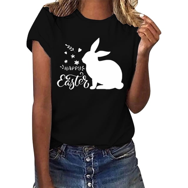 Outfmvch Chemises de Pâques pour Femmes, Chandails en Molleton à Col Rond pour Femmes, Chemises à Manches Courtes pour Femmes, Hauts de Sortie pour Femmes, Haut à Manches Courtes à Col Rond Imprimé de Pâques pour Femmes, T-Shirts Graphiques pour Femmes Noir 1 3TG
