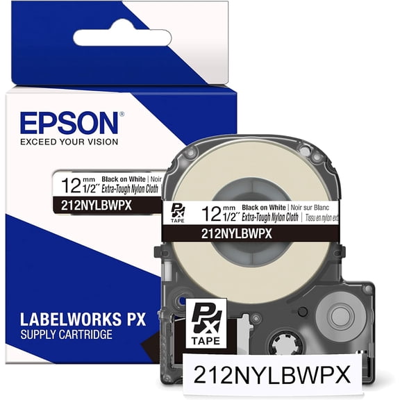 Epson LABELWORKS 212NYLBWPX - Black on White Nylon Label Maker Tape - 1/2" (12MM) Wide, 19'