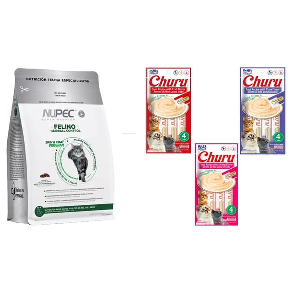 Paquete Nupec Hairball 3 kg + 1 bolsa de 4 tubos humedos churu premio 56 gr