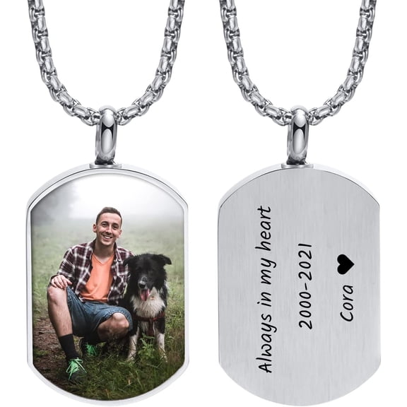 Personalized Customizable Photo Text Cremation Urn Necklace for Ashes Holder Dog Tag Pendant Family Pet Memorial Keepsake Jewelry for Men Women Silver-Color Photo-Custom Black-black/White Photo-custo
