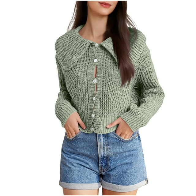 Hvobtty Chandail à Col Rond Décontracté à Manches Longues pour Femmes, Cardigan Tricoté à Manches Longues pour Femmes à Grand Col Boutonné, Ample et Polyvalent