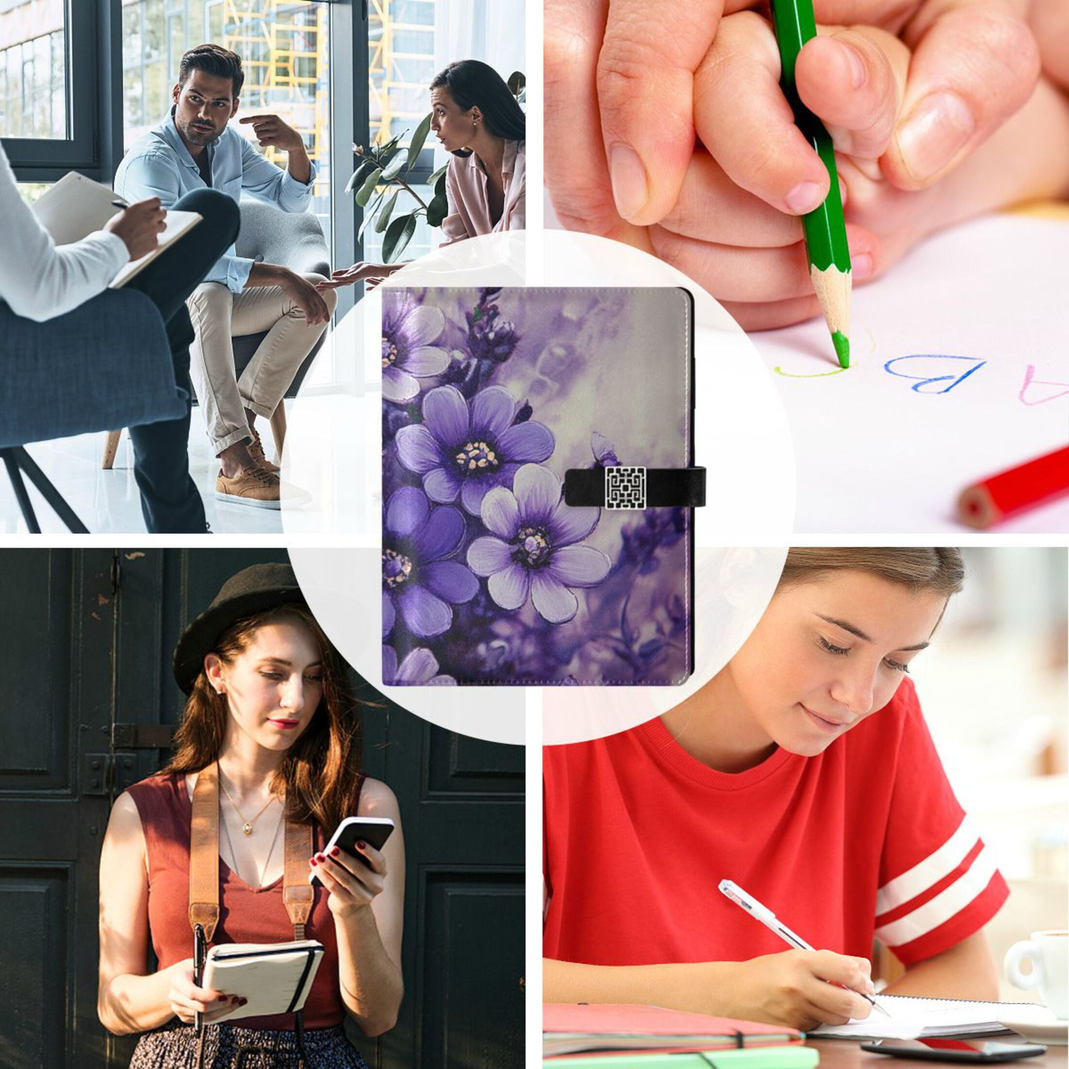 Purple Beautiful Flowers Leather Journal Notebook for Men Women A5 Hardcover Notebook with Pockets for Work Business Travel