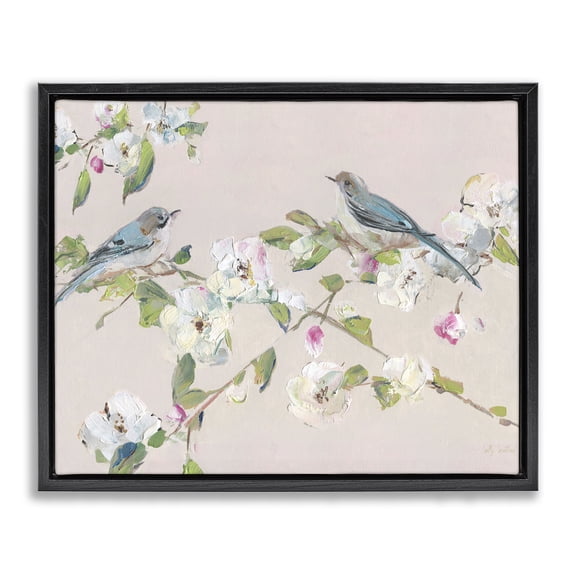 Stupell Industries Spring Apple Blossoms & Birds Floral Painting Black Floater Framed Canvas Art Print Wall Art, 21 x 17