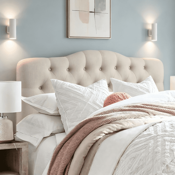Shengchao Trade Adjustable Heigh Headboard with Linen Upholstery and Button Tufting for Bedroom,Queen,Natural Linen