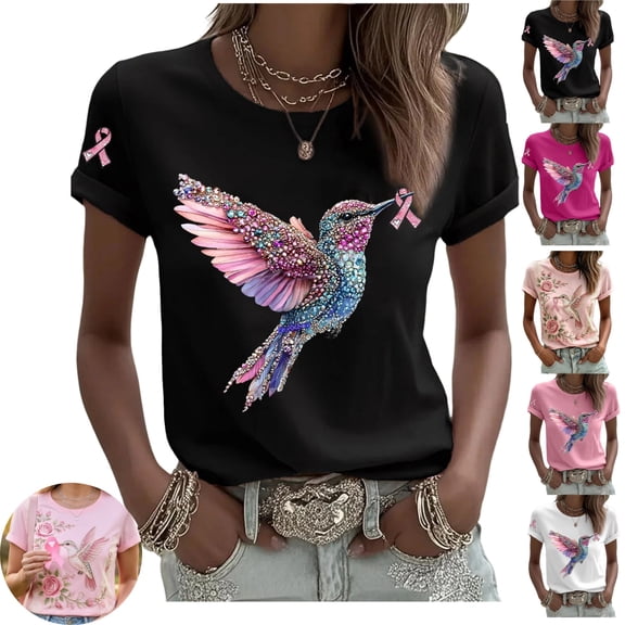 Mfakffe Breast Cancer Shirts for Women Breast Cancer Awareness Crew Neck Short Sleeve T-Shirt Hummingbird Pink Ribbon Graphic Loose Tee