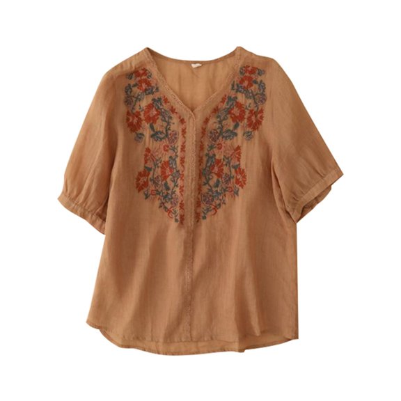 TRUBKH Button Down Shirts for Women Cotton Linen Button Down Shirts for Women Summer Floral Short Sleeve Tee Casual Tunic Tops V Neck Button Tunic Tshirt Coffee L