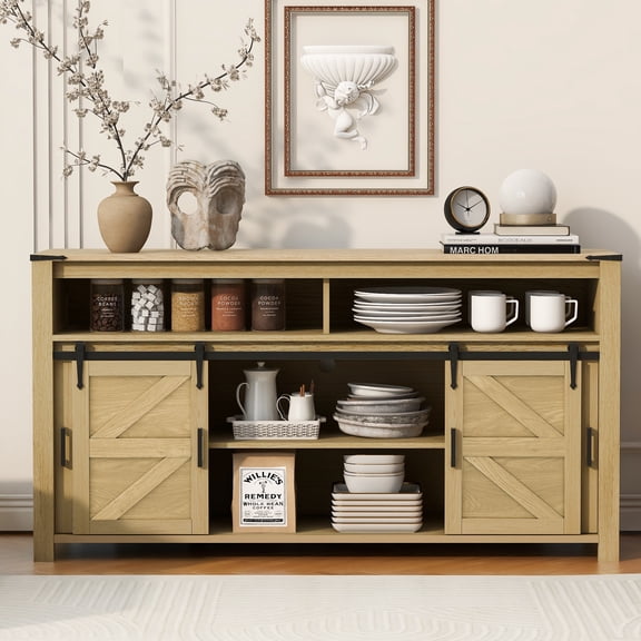 Paproos Sideboard Buffet Cabinet, Wood Buffet Cabinet with Open Storage, Farmhouse Kitchen Storage Cupboard with Sliding Barn Door and Mesh Panels for Living Room, Hallway, Dining Room, Natural