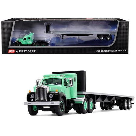 King Cab Models (Mack B-61 with Sleeper Cab and 48' Flatbed Trailer Antique Green 1/64 Diecast Model by DCP/First)