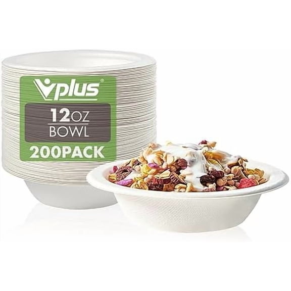 200 Pack 12 OZ Paper Bowls, Disposable Compostable Bulk, Eco-friendly Bagasse, Heavy-duty Bowls Perfect for Milk Cereals, Snacks, Salads