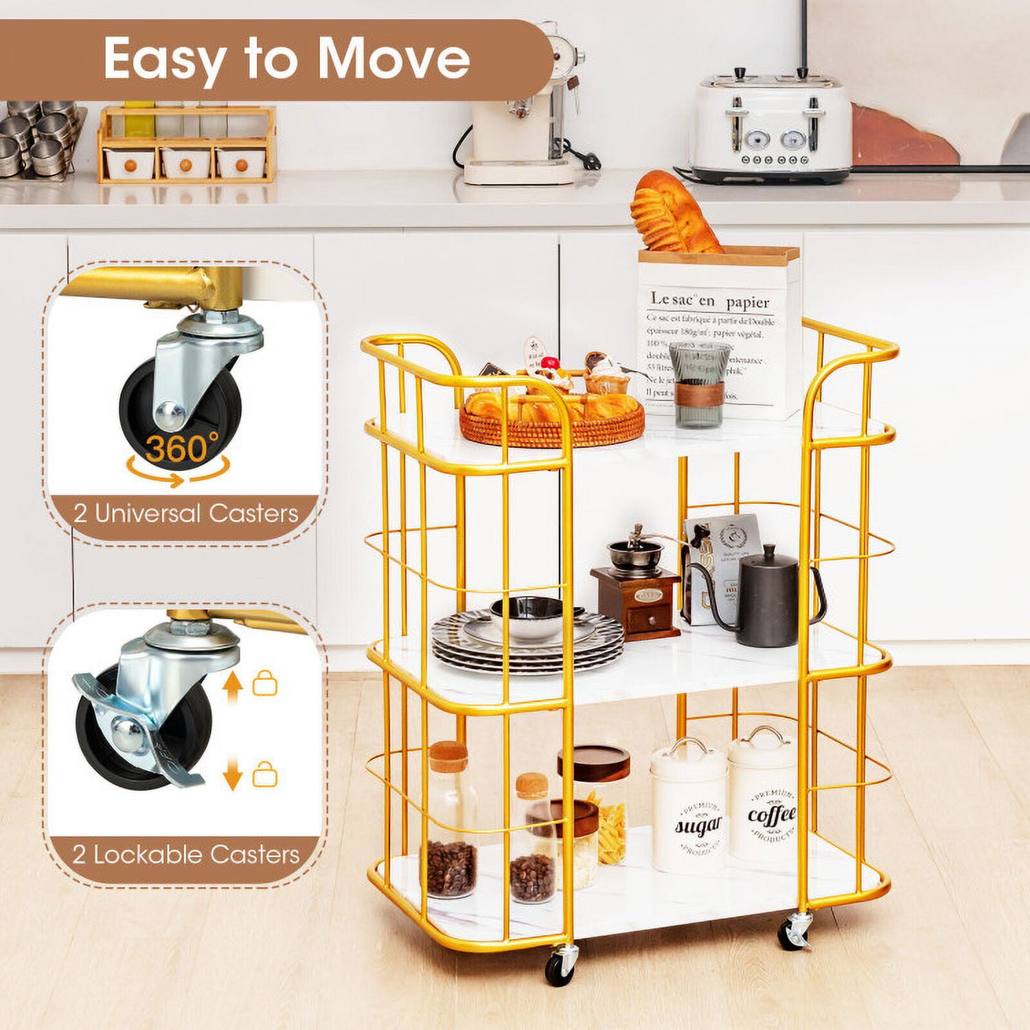 Finihen Rolling Cart, Kitchen Island Cart, 3-Tier Metal Kitchen Storage Serving Cart Trolley with Marble Tabletop and Handles, for Kitchen, Dining Room, Golden Finihen Rolling Cart, Kitchen Island Cart, 3-Tier Metal Kitchen Storage Serving Cart Trolley with Marble Tabletop and Handles, for Kitchen, Dining Room, Golden