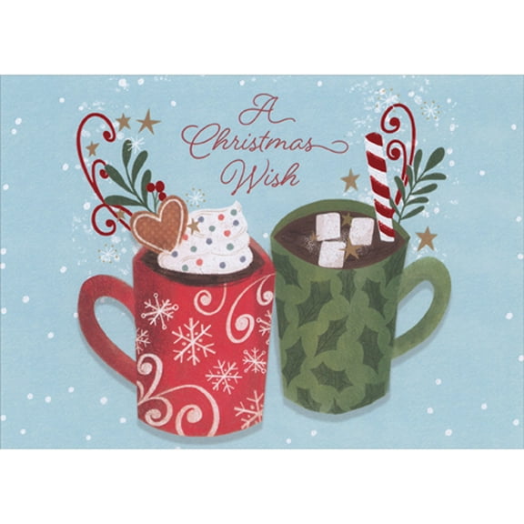 Designer Greetings A Christmas Wish: Red and Green Mugs of Hot Chocolate with Marshmallows Box of 15 Christmas Cards