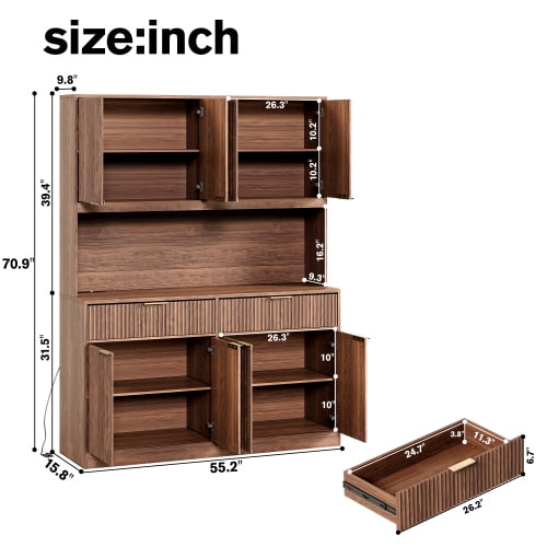 71" Tall Kitchen Pantry Cabinet with Power Outlet and Open Countertop, Modern Multi-Functional Storage Hutch Cabinet for Dining Room, Entryway and Living Room, Walnut