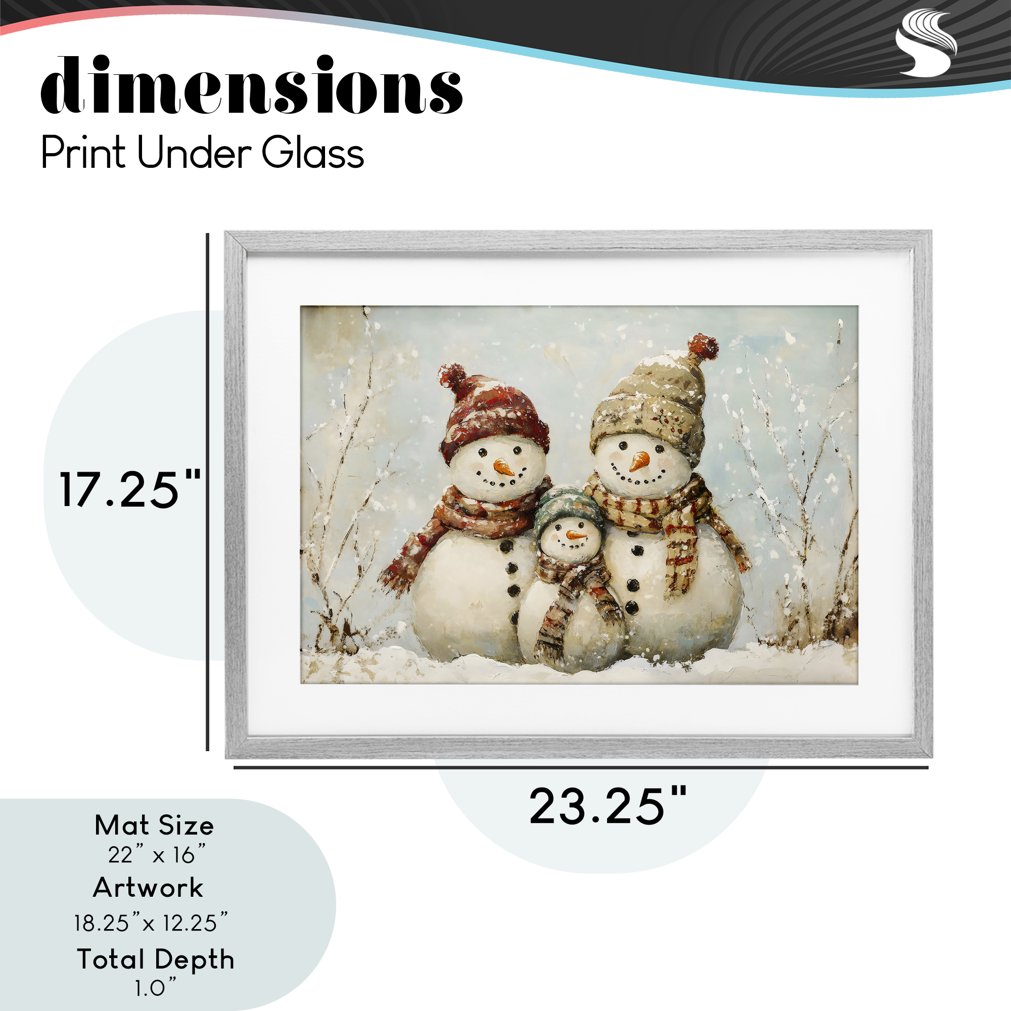 Snowman Family Of Three Gray Framed Print Under Glass, design by Petal Prints Design