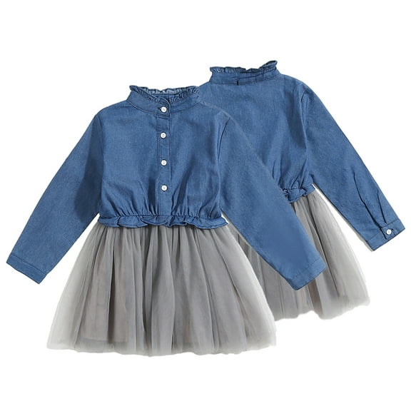 KYAIGUO Toddler Girls Denim Dress Long Sleeve Causal Denim Fashion Mesh Dress Spring and Autumn Girls Dress Skirt