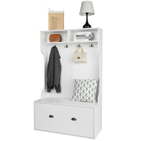 

GoDecor Hall Tree with Storage Bench and Shelves Entryway Bench with Coat Rack Widen Mudroom Bench with Storage and 4 Hooks for Hallway Living Room Bedroom White