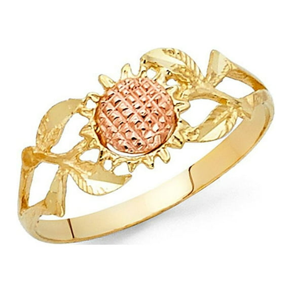 14k Two Tone Italian Solid Gold Sun Flower w/ Branches & Leaves Ring 8mm