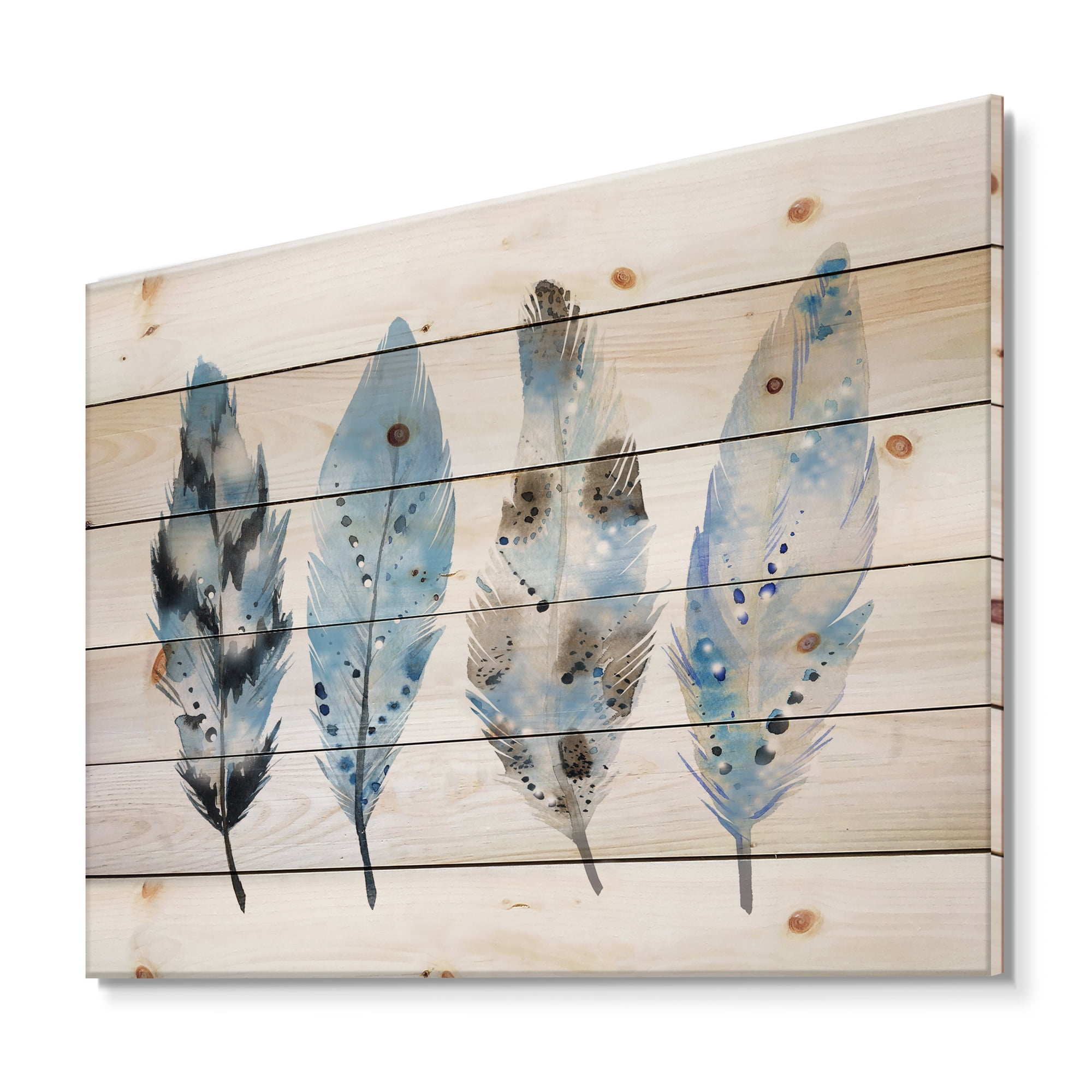 Designart 'Abstract Blue Boho Feathers I' Bohemian & Eclectic Print on Natural Pine Wood