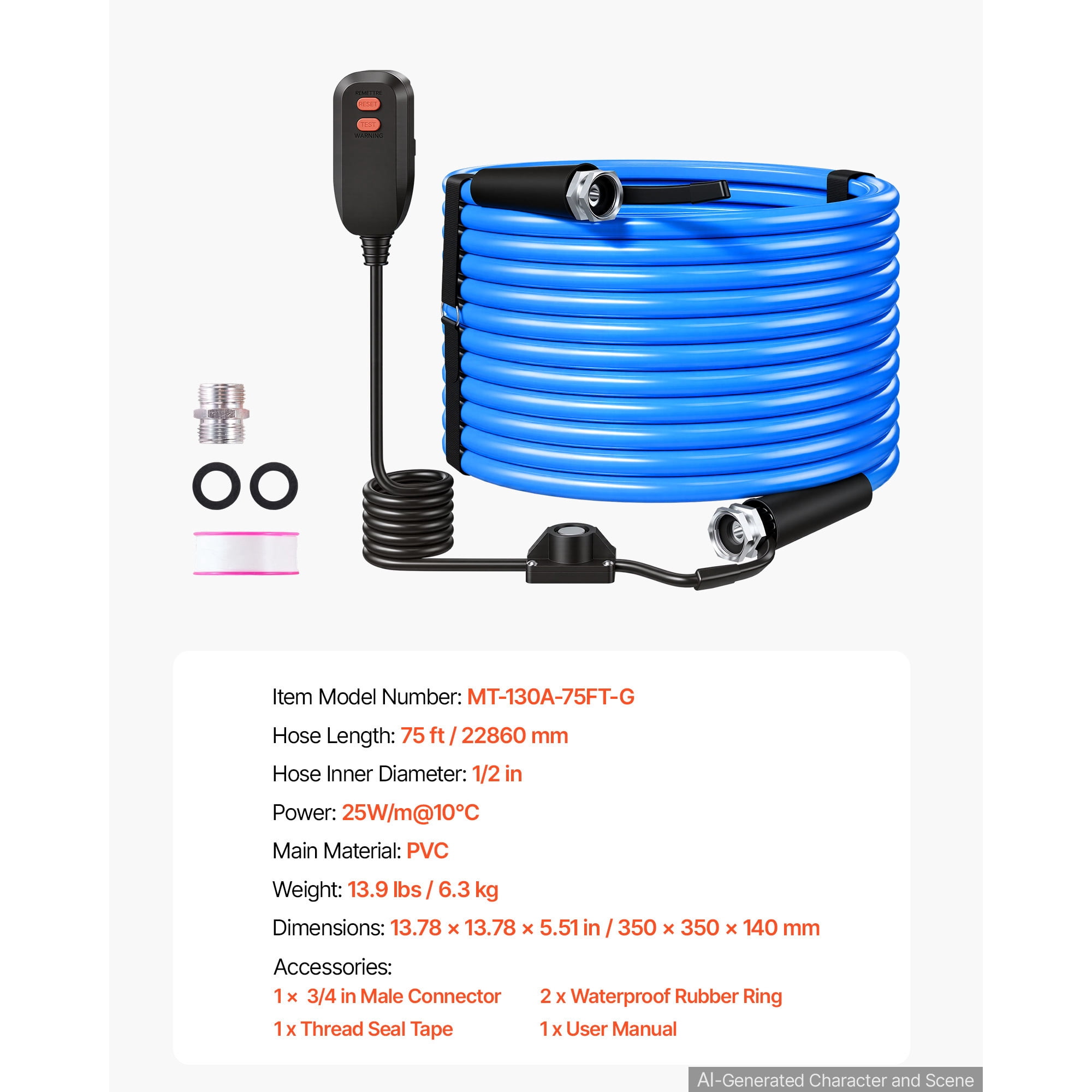 KFFKFF 75FT Heated Water Hose for RV, -45°F Cold-Resistant Drinking Water Hose, 1/2" Inner Diameter, Smooth Exterior, GFCI Leakage Protection, Built-in Thermostat,Freeze-Resistant and BPA-Free for RV
