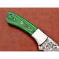 thumbnail image 3 of 9.5" long Damascus steel Gut hook skinning knife, Full tang Rain drop pattern straight back blade, Green colored wood scale with steel bolster, includes Cow hide Leather sheath (Green Wood), 3 of 7