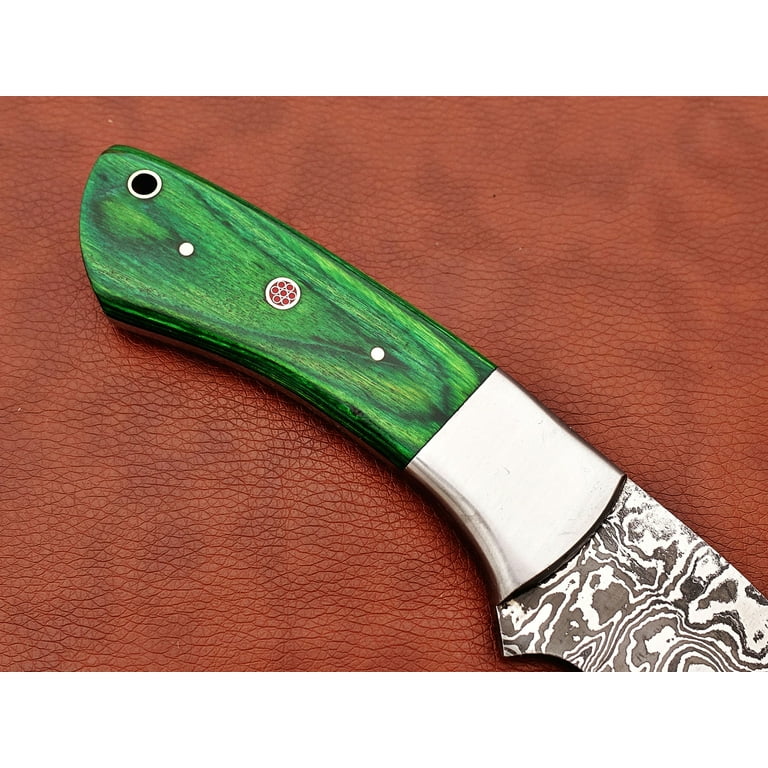 9.5 long Damascus steel Gut hook skinning knife, Full tang Rain drop  pattern straight back blade, Green colored wood scale with steel bolster,  includes Cow hide Leather sheath (Green Wood) 