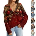 thumbnail image 5 of Women's Fashion Long Sleeve Christmas Print V-Neck Button Loose Cardigan Top, Knit Sweater for Casual Outfits and Comfort,Wine,XL, 5 of 7