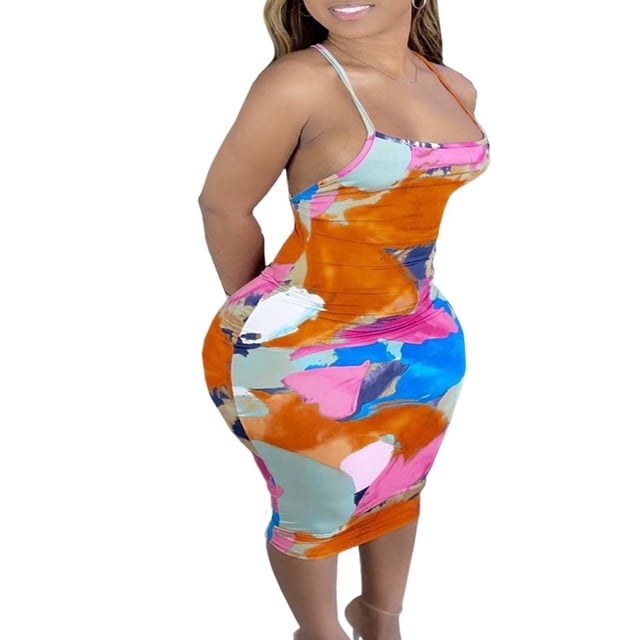 Women Halter Bodycon Sleeveless Ruched Spaghetti Strap Tie Dye Printing Club Party Mini Dress