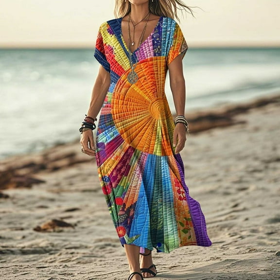 DailyTrove Women's Short Sleeve V Neck Tropical Print Maxi Dress, Vibrant Outerwear for Summer Beach Getaways Resort Wear