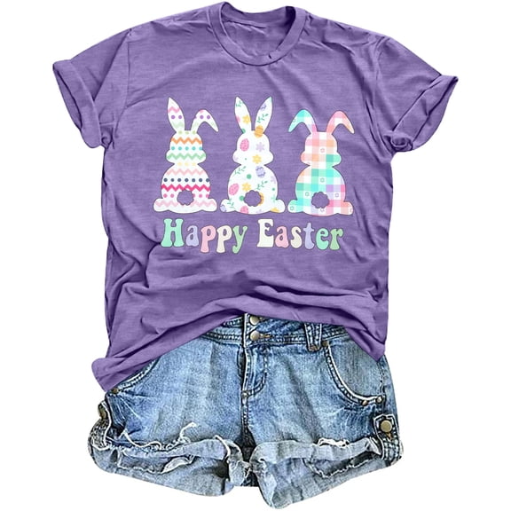 MOUSYA Happy Easter Shirts for Women: Bunny Shirt Easter Tshirt Rabbit Graphic T Shirts Casual Short Sleeve Tops