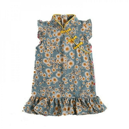 

Bullpiano Girls Cheongsam Summer Chinese Style Dress Tang Suit Floral Skirt Retro High Collar Button Straight Skirt Children s Clothes