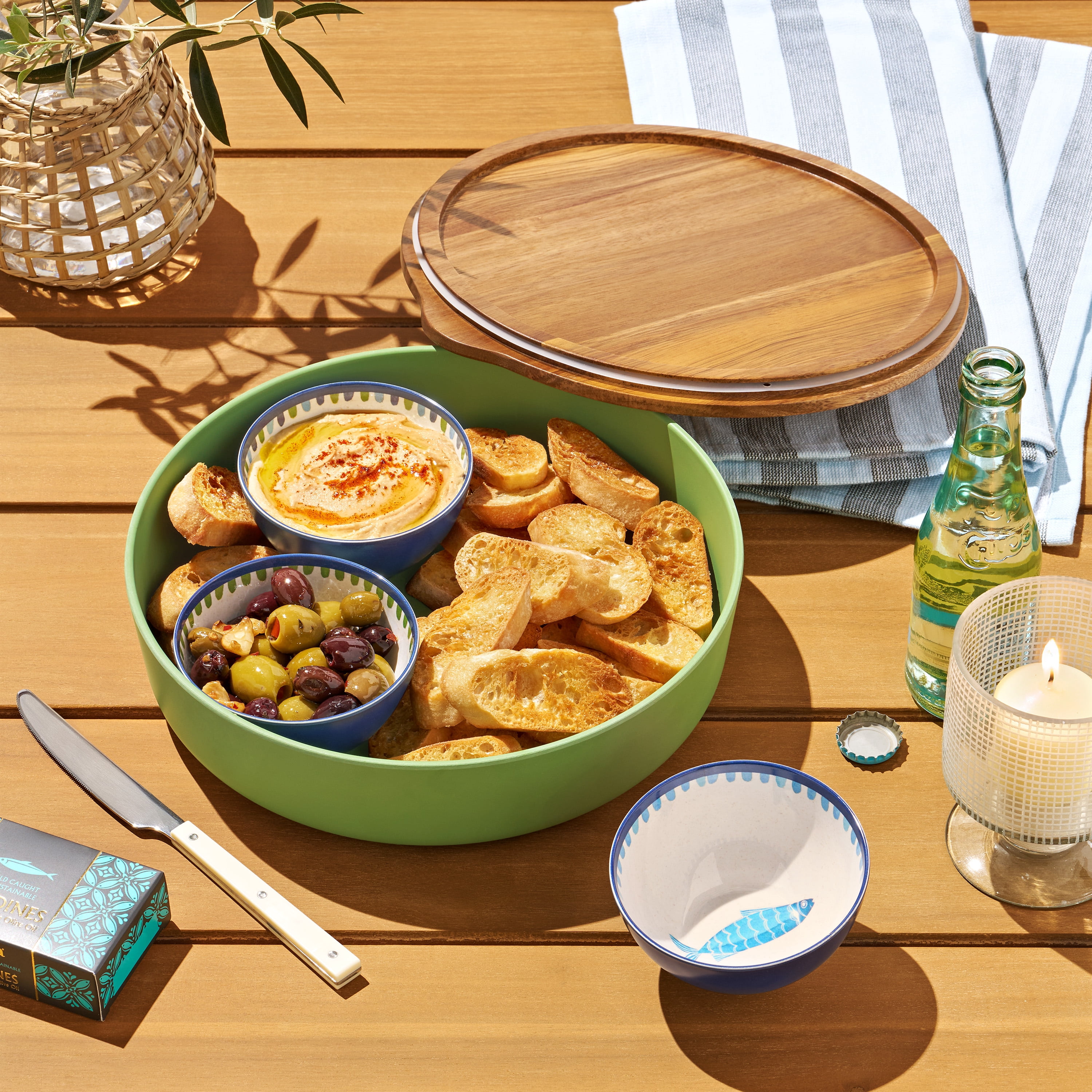 Beautiful Serve Bowl 14.6" x 6" Bamboo Melamine with Sardine Dip Bowls and Wood Lid, Multi-Color by Drew Barrymore