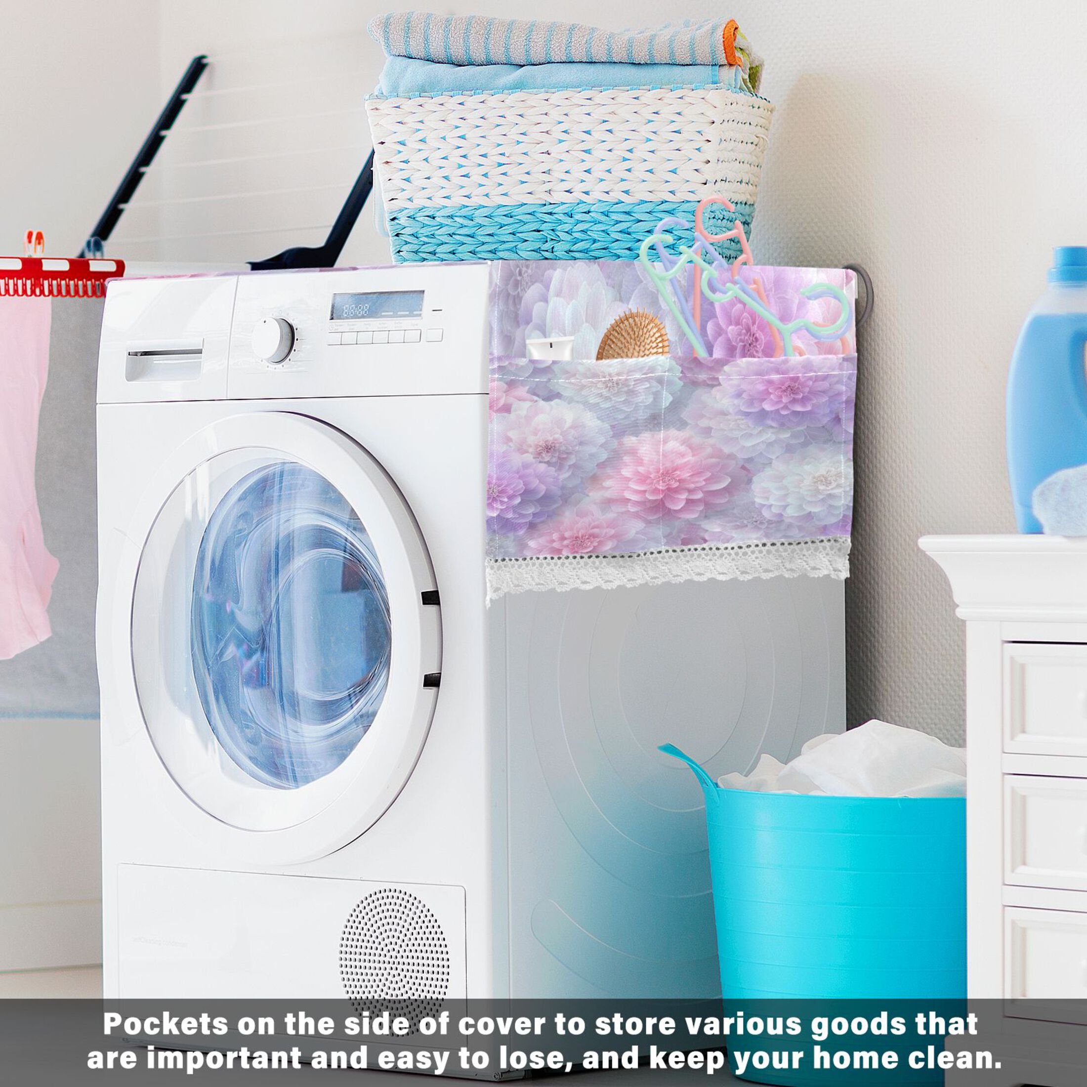 Dustproof Washing Machine Cloth Washer and Dryer Top Covers, Fridge Dust Cover, With Storage Bags Cute Pastel Watercolor Floral