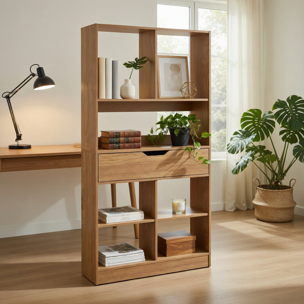 GVN 71inch Tall Freestanding Bookcase 10-Cube Storage Organizer with Drawer Multi-Use Open Shelves for Home Office Study Living Room Books Decor Display, Natural