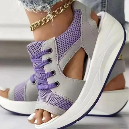 

Women Lace-Up Muffin Sandals Contrast Paneled Cutout Heeled Sandals Flip Flops