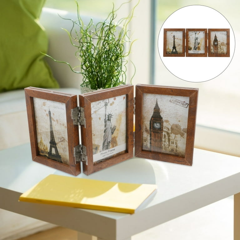 1pc Tri-Fold Photo Frame Wooden Picture Frame Desktop Decor for Home Office, Size: 38x16.5cm