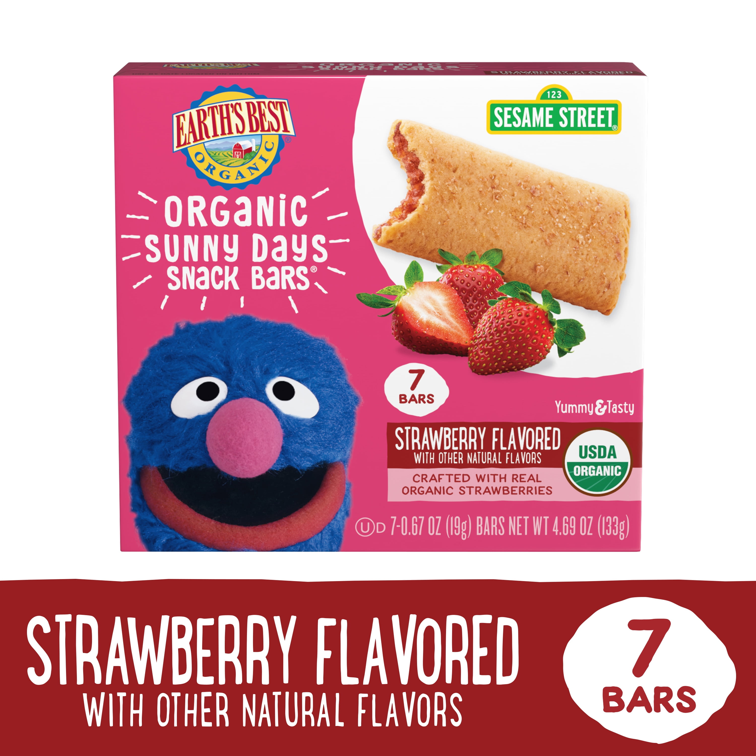 (6 pack) Earth's Best Organic Sesame Street Strawberry Sunny Days Snack Bars, 4.69 oz Box (7 Count)