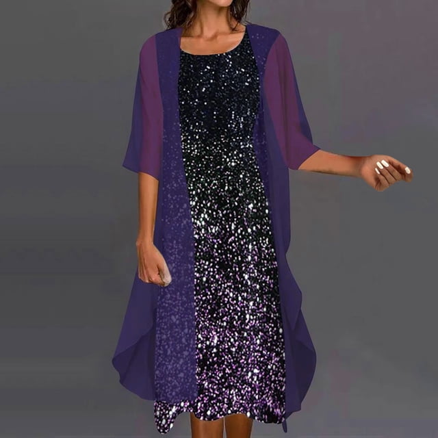 EGNMCR Robes d'Été Femmes Tendance 2024 Robe d'Été pour Femmes à Manches Mi-Longues Blouse + Robe Ensemble Deux Pièces Robe Longueur Genou Robe de Plage