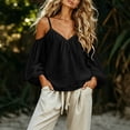 thumbnail image 5 of Qgtaibl Women Cold Shoulder Shirts Fashion Spaghetti Strap V Neck Puff Long Sleeve Blouses Flowy Lightweight Casual Vacation Tops Black M, 5 of 7