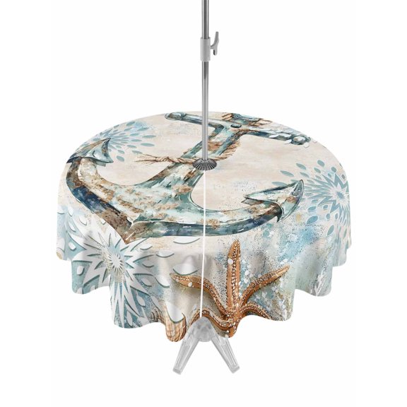 Outdoor Table Cloth with Umbrella Hole and Zipper,Blue Anchor Coastal Waterproof Round Tablecloth 60 Inch,Nautical Summer Beach Starfish Snowflake Washable Table Cover for Outside Party Patio Picnic