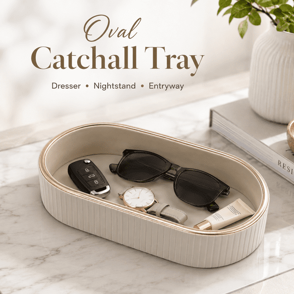 MORAVE 11×5.9 Inch Oval PU Leather Catchall Tray, Nightstand Dresser Entryway Organizer for Jewelry Keys Small Accessories
