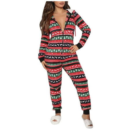 

HGWXX7 Women s Sleepwear Pajamas Flannel Thickened One-Piece Pajamas Fall/Winter Leopard Print Christmas Hooded Ladies Home Service M